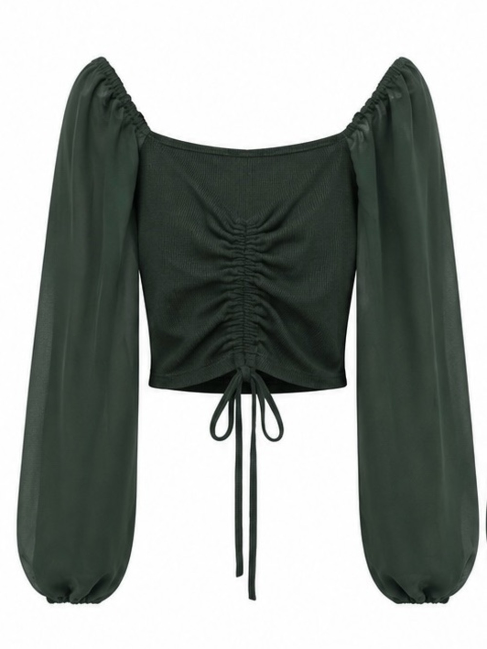 Ruched Drawstring Dark Green Puff-Sleeve Crop Top